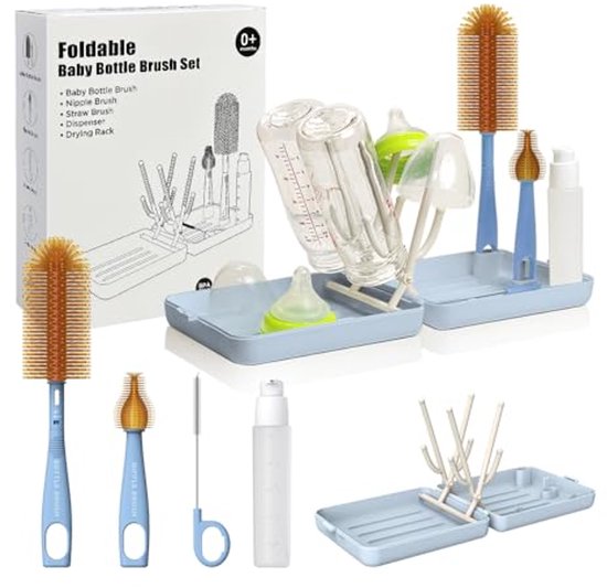 Reisflessenborstel en Reinigingsset met Droogrek voor Babyflessen - BPA-vrij - Perfect voor Reizen