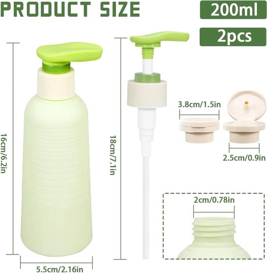 Reisformaat flesje, 200 ml, Geschikt voor klapdeksel en pompdispenser, flexibel en navulbaar, Geschikt voor shampoo, zeep of lotion (groen).