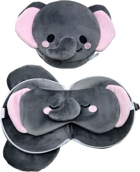 Reiskussen & Slaapmasker - Relaxeazzz Adoramals Janu de Olifant Rond - Grijs - 14x23x12,5cm/23x17x12,5cm van Relaxeazzz