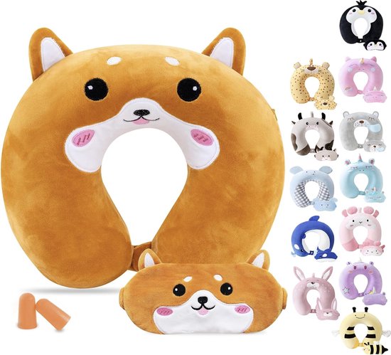 Reiskussen voor Kinderen Schattig Geheugenschuim U-Vormige Hals Kussen Met Slaapmasker Dieren Zacht Speelgoed Pluche Hoofdsteun Nek Ondersteuning voor Vliegtuig Auto Reis Bus Gift (hond) van H HOMEWINS