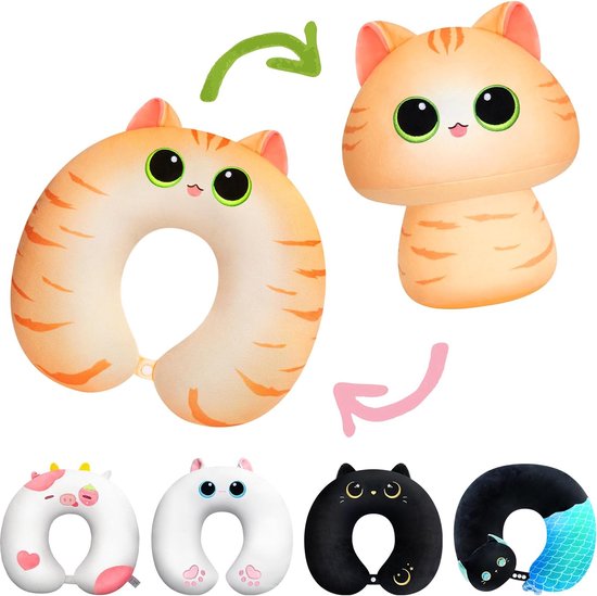 Reiskussen voor kinderen, schattige bruine kat knuffel, cartoon nekkussen voor kinderen en volwassenen, omkeerbaar pluche squishy 2 in 1 knuffel voor vliegtuig, auto, trein (33 cm) van NIUNIUSHOW