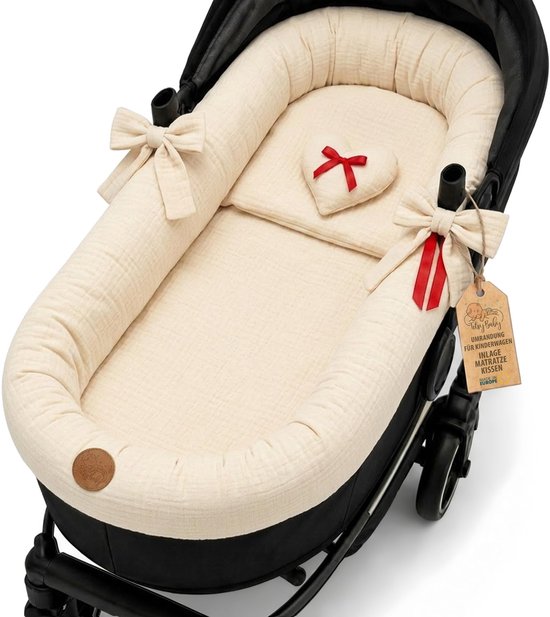 Reiswieg Bekleding van Mousseline Katoen – Ademende Hoes die de Kinderwagen Bekleedt en Beschermt – Set 3-delig met Kussen en Matras voor Pasgeboren Lichtbeige