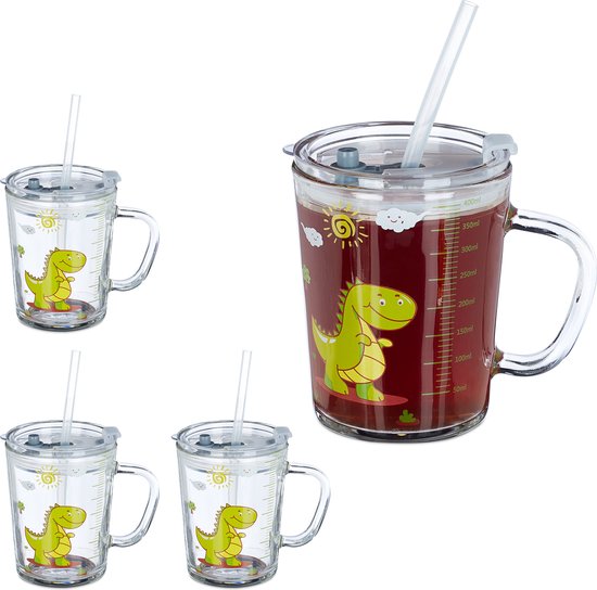 Relaxdays 4x kinderglas met rietje en deksel -- dinosaurus print - met handvat van Relaxdays