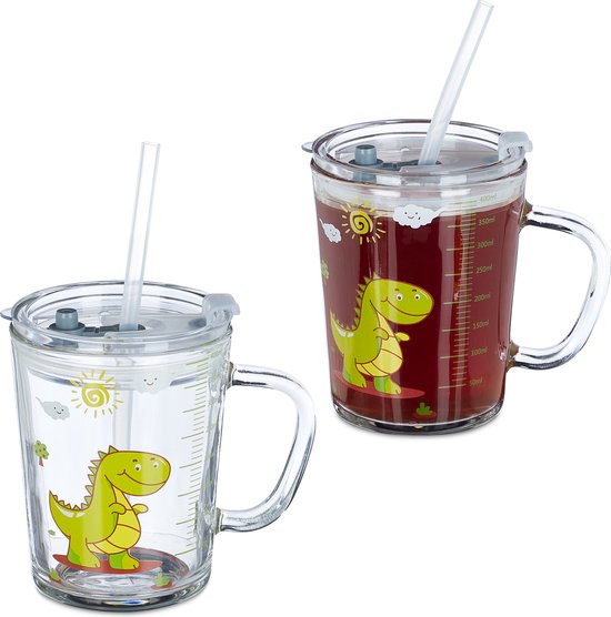 Relaxdays Kinderglas met rietje en deksel - 2 stuks - dinosaurus print - met handvat van Relaxdays