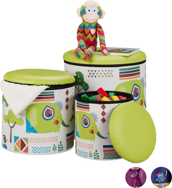 Relaxdays poef kind - opberg poef - 3 stuks - poefs met opbergruimte - speelgoedkist Dieren van Relaxdays