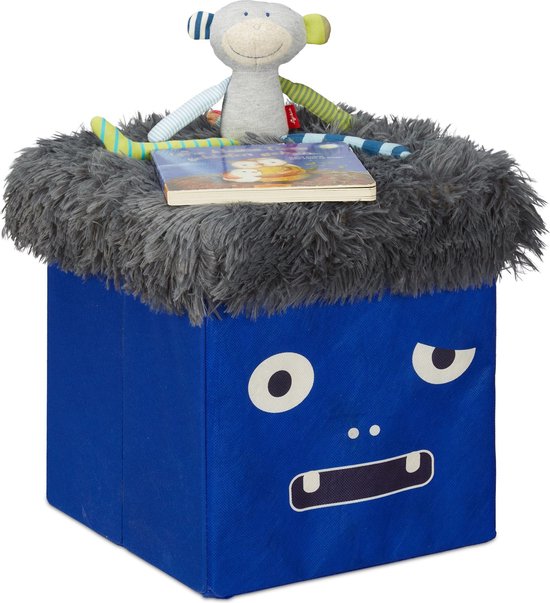 Relaxdays poef kinderkamer - monster design - opbergpoef vouwbaar - 32 x 32 x 32 cm - blauw-grijs van Relaxdays