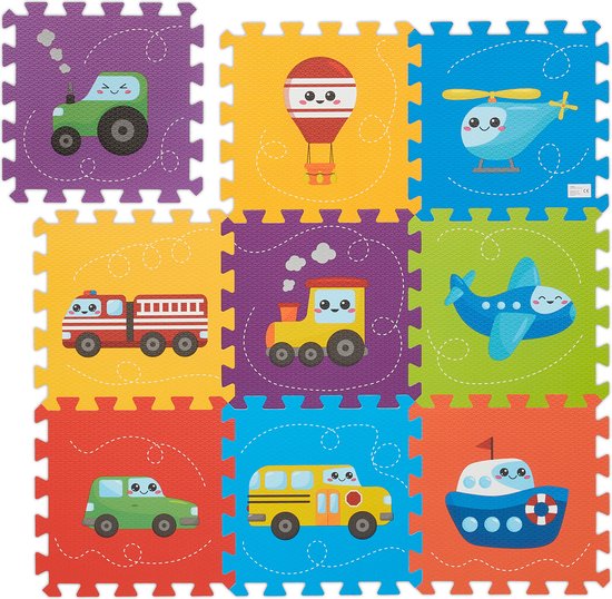 Relaxdays puzzel speelmat - voertuigen - 9-delig - zonder schadelijke stoffen - schuimrubber van Relaxdays