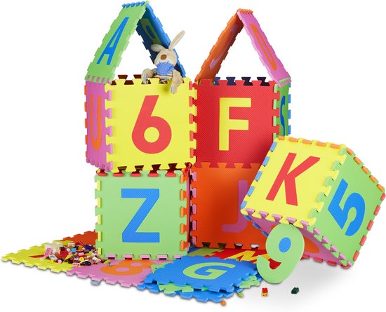 Relaxdays speelmat puzzel - 36 foam tegels - 180x180 cm - letters en cijfers - EVA-schuim - kind van Relaxdays