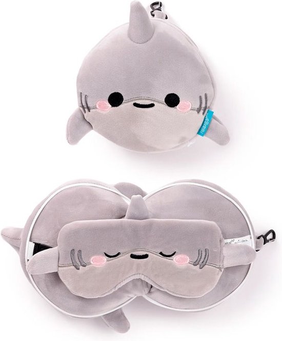 Relaxeazzz Adoramals Archie the Shark Plush Travel Pillow & Eye Mask - Nekkussen + Masker Haai Height 17cm Width 18cm Depth 11cm Open 16 x 28 x 6cm van Relax