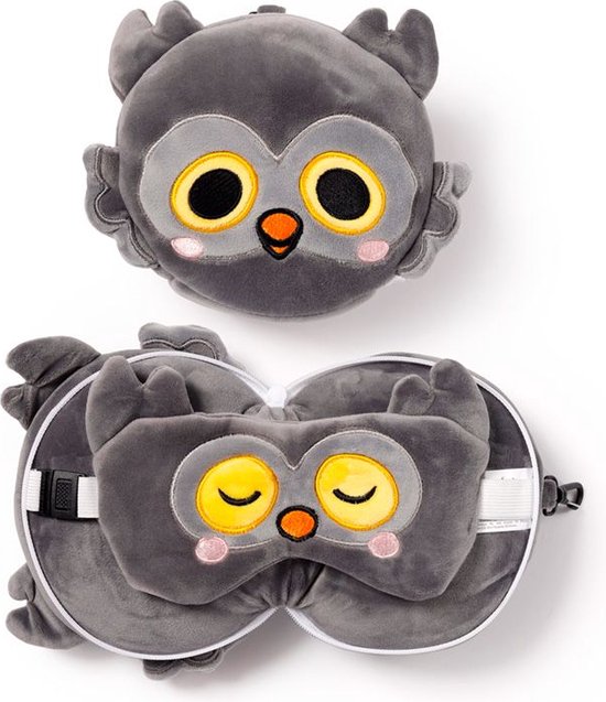 Relaxeazzz Adoramals Winston the Owl Plush Travel Pillow & Eye Mask- Nekkussen + Mask Uil Height 15cm Width 18cm Depth 10cm Open 18x28x7cm van Relax