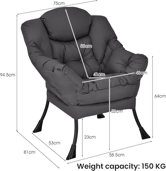 Relaxstoel met armleuningen en zijzak – Comfortabele ligstoel, belastbaar tot 150 kg, grijs (81x75x94,5 cm, model 2) van Merkloos