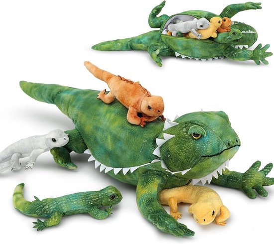 Reuzen Hagedis Knuffel - Pluche Lizard Teddy - Spelen Decoratie - Met 4 Baby's - 67 cm Lang - Zwart Groen