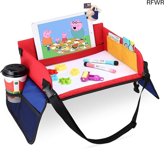 RFWR® Multifunctioneel Kinder Speeltafel met Wisbare Tekenplank en 6 Kleurrijke Potloden – Draagbare Eettafel voor Auto, Vliegtuig en Meer