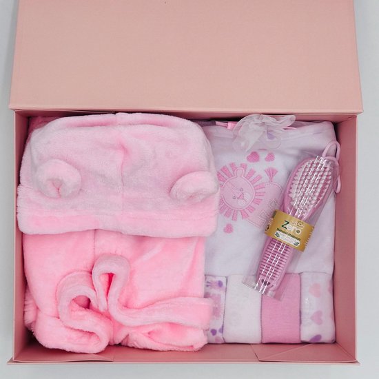 RICH DAYS | Baby Verzorgingspakket | Badset Meisje | Kraamcadeau Baby Girl | Roze | Badjas met Oortjes | Cadeaudoos |