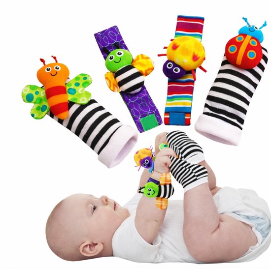 Rieba® Baby Rammelaar Sokken - Armbanden - 4-delig Rammelaar Set - Pols en Voetrammelaar - Sokjes - Knuffels - Speelgoed - 0 t/m 12 maanden