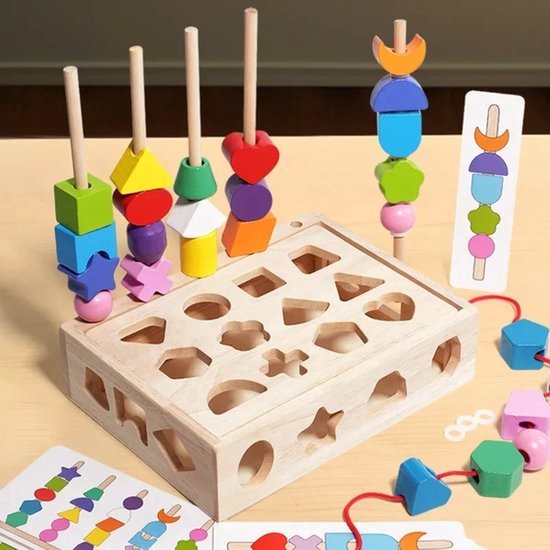 Rijgen + stapelen + vormen sorteren: 3-in-1 Montessori-speelgoed voor de vroege ontwikkeling | 25 gekleurde houten kralen | Ontwikkeling van fijne motoriek en cognitieve vaardigheden | Geschikt voor kleuters van 3-5 jaar