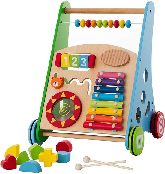 Rijoka Loopwagen Hout voor Baby +/- 1 jaar - Babywalker - Educatieve looptrainer - Anti-Slip wieltjes - 38 x 32 x 46cm| Multicolor van Rijoka