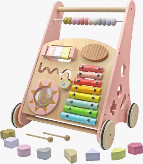Rijoka Loopwagen Hout voor Baby +/- 1 jaar - Babywalker - Educatieve looptrainer - Anti-Slip wieltjes - 38 x 32 x 46cm - Roze van Rijoka