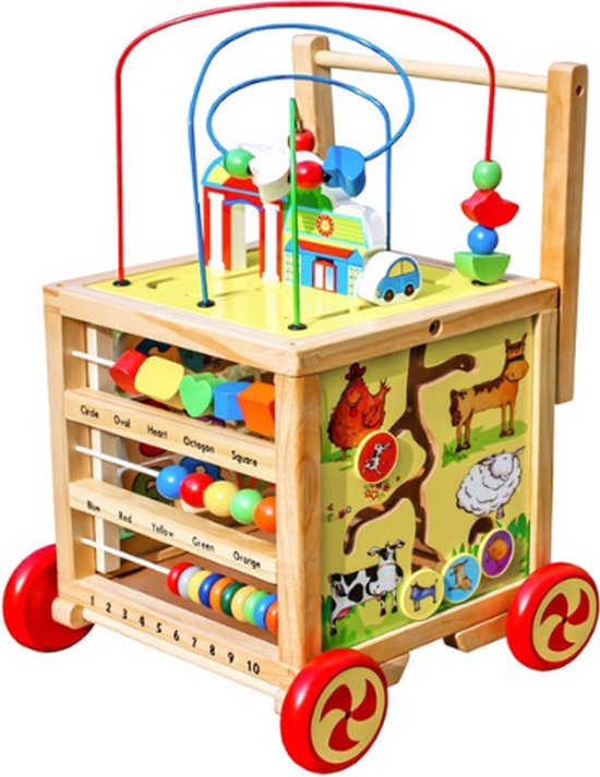 Rijoka Loopwagen Kubus Hout - Baby walker voor 1 jaar - Educatieve looptrainer - Multicolor