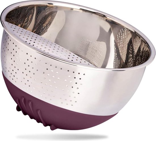 Rijstwaskom van roestvrij staal - zeef voor het wassen van rijst en groenten - met antislip siliconen voet - aubergine kleur van Joseph Joseph