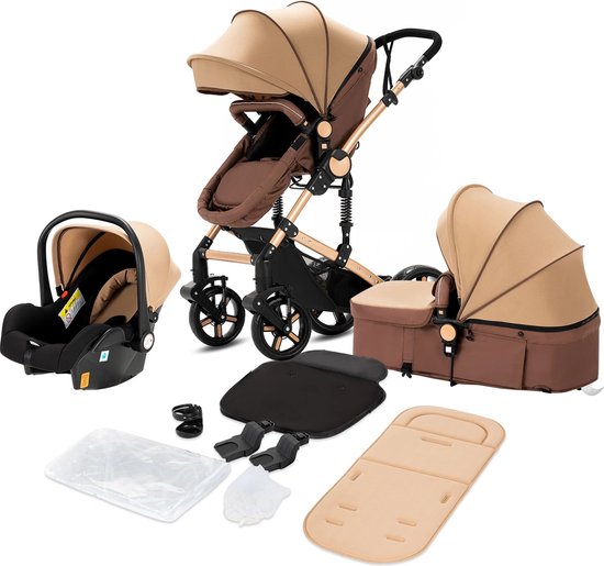 RM Store® - 3 In 1 Kinderwagen - Luxe Buggy - Wandelwagen - Babywagen - Inclusief Maxi Cosi - Baby Stroller - Baby Autostoel - Inclusief Accessoires - Khaki - 42x45x103 cm.