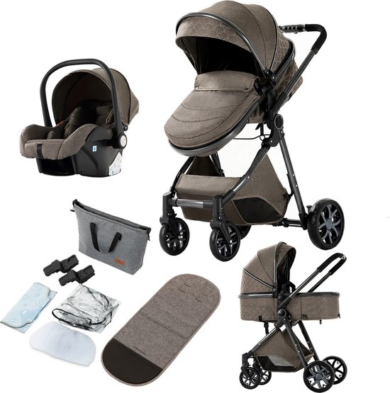 RM Store® - 3 In 1 Kinderwagen - Luxe Buggy - Wandelwagen - Babywagen - Inclusief Maxi Cosi - Baby Stroller - Baby Autostoel - Inclusief Accessoires - Lichtbruin - 42x45x103 cm. van RM Store®