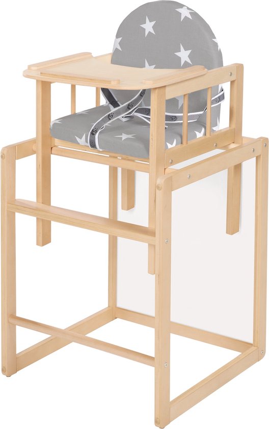 roba Hoge Stoel Combinatie - Met Eetplankje Omvormbaar tot Tafel & Stoel - Zitting Bekleed met 'Little Stars' Opdruk (Natuurlijk Hout)