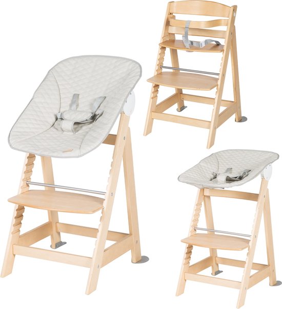 roba Meegroei Houten Kinderstoel - Born Up 2in1 Set 'Grijs gewatteerd' - Kinderstoel met 2-Positie Verstelbaar Wipstoeltje (Naturel) van Merkloos
