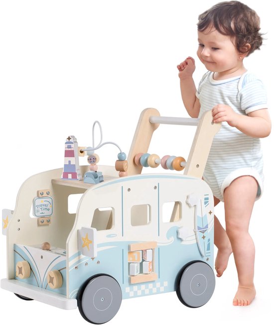 Robotime - ROBUD Houten Baby Loopwagentje - Duurzaam Gelakt Hout - Vakantiebus Thema - Voor Peuters 10Ma+ van Robotime