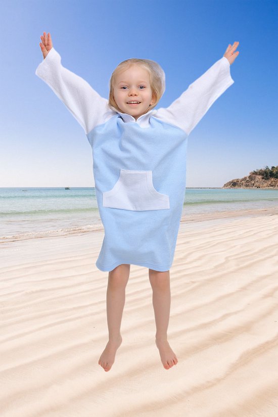 RobyKris Kids Zwemponcho met capuchon - Badstof - Blauw/wit - Maat 104-110