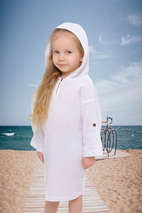RobyKris Kids Zwemponcho met capuchon - Katoenen mousseline - Wit - Maat 104-110 van Merkloos