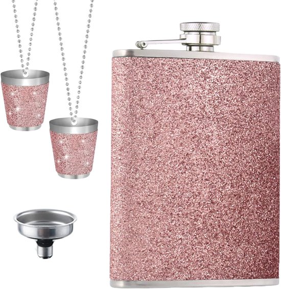 roestvrij staal, heupfles, roze glitter met trechter en 2 kleine kopjes, lekvrij, draagbaar, heupfles, roze geschenken voor vrouwen, voor reizen, outdoor, feest, camping, cadeau, 220 ml