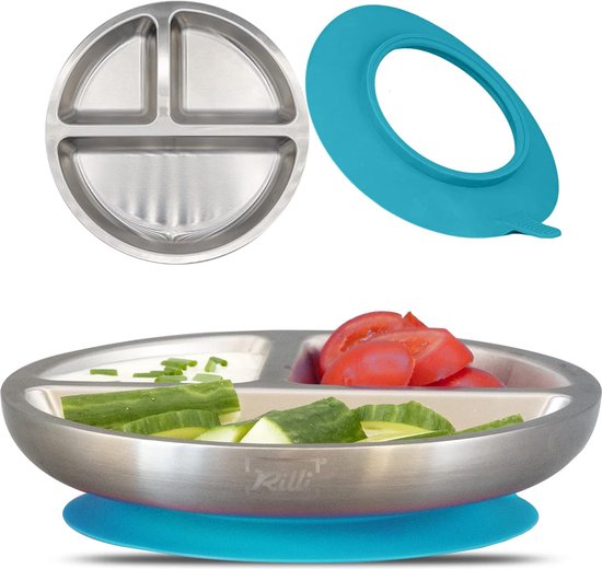 Roestvrij stalen zuignap bord | antislip babyservies | baby zuignap servies (petrol) van Merkloos