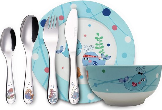 roestvrijstalen 4-delige kinderbestekset, 1 x kindervork, 1 x kindermes, 1 x grote kinderlepel, 1 x kleine kinderlepel van Mepal