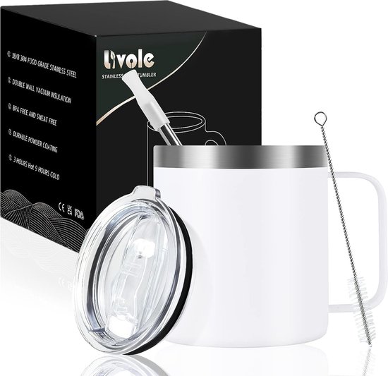 Roestvrijstalen campingbeker, 350 ml, drinkbeker met deksel en rietje, dubbelwandige thermobeker 350 ml, vacuüm thermobeker met handvat, koffie-to-go beker, geïsoleerde outdoor beker, wit van lalafancy