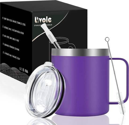 Roestvrijstalen campingbeker, 350 ml, drinkbeker met deksel en rietje, dubbelwandige thermobeker 350 ml, vacuüm thermobeker met handvat, koffie-to-go beker, geïsoleerde outdoor mok, paars van Valira