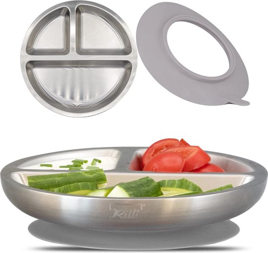 Roestvrijstalen zuignapbord, antislip babyservies, babyzuignap, servies (grijs) van Bumkins