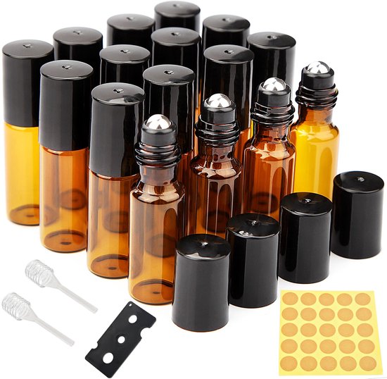 Roll-on Glazen Flessen voor Etherische Olie - Lekvrije Rollerballen - 5 ml, 16 Stuks