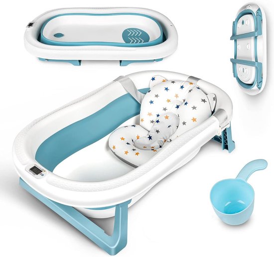 RONN® Baby Badje Met Standaard - Babybadje - Inklapbaar Bad - Bad Baby - Zitbad - Blauw/Wit - 81cm x 50cm x 23cm