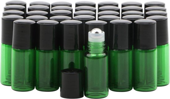 Ronte - Kleurrijke Glazen Roll on Flessen met RVS Roller Ballen - Set van 35 - 3ml - Zwarte Schroefdop - Aromatherapie en Parfum - Natuurlijke Olie Rollerballen