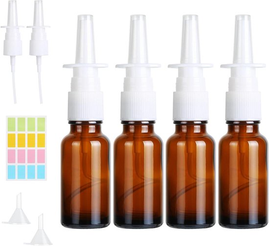 Ronte - Neusspray Fles Set van 4 Stuks 10ml Bruin Glas - Navulbare Neusverstuiver met Trechter en Labels - Geschikt voor Parfum, Essentiële Oliën, Zoutoplossing.