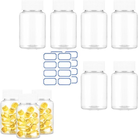 Ronte - Transparante Pillenflesjes Set van 6 - Medicijnflesjes van Kunststof - Vloeibare, Vaste en Poedervormige Medicijnen - Dispensers - 80 ml