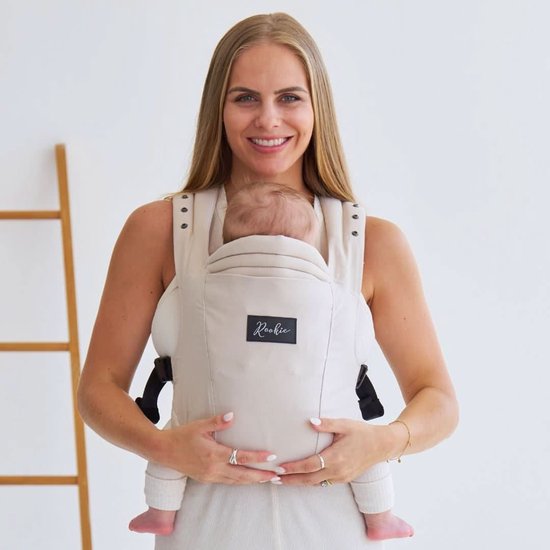 ROOKIE Baby Premium Elite draagzak - Design buikdrager en rugdrager - Comfortabel en ergonomisch baby spullen - Babydrager vanaf Geboorte - Ook voor Peuter - Biologisch katoen (Beige) van Merkloos