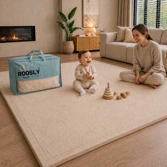 Roosly Speelmat Baby - Fluwelen Speelkleed baby - Extra Dik Traagschuim 3 cm - Antislip - Zacht & Veilig - 150 x 200 cm - Inclusief Opbergtas - Sand Beige van Merkloos