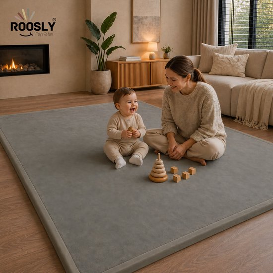 Roosly Speelmat Baby - Fluwelen Speelkleed baby - speeltapijt - kruipmat - playmat - Extra Dik Traagschuim 3 cm - Antislip - Zacht & Veilig - 150 x 200 cm - Stone Grey van Merkloos