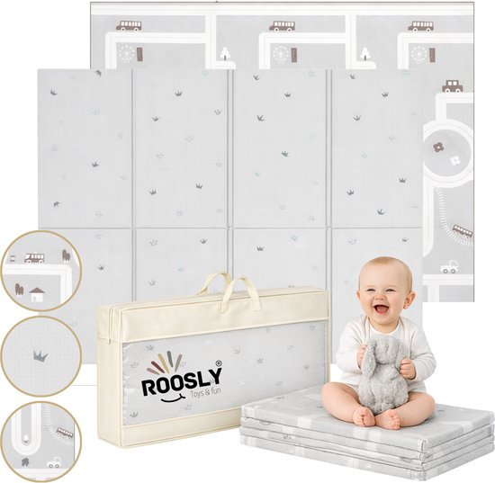Roosly Speelmat Baby - Speelkleed Baby - Inclusief Opbergtas - babygym - Dubbelzijdig en opvouwbare Foam XPE 180 x 200 cm - speelgoed - Veilig & Zacht - model KING Gray van Merkloos