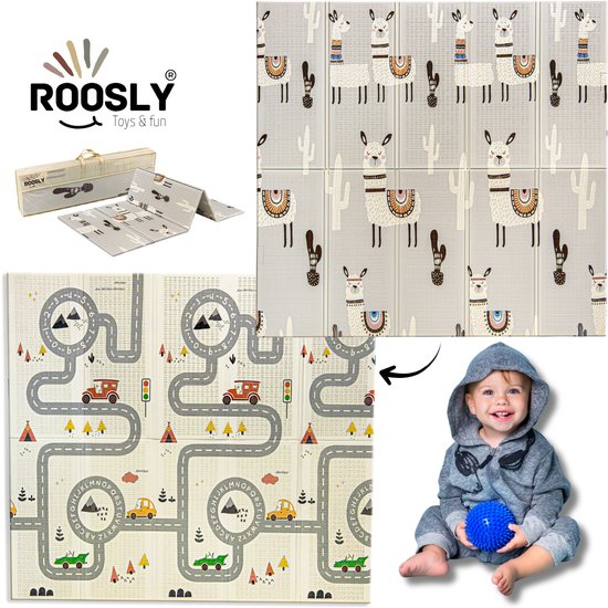 Roosly Speelmat Baby - Speelkleed Baby - Inclusief Opbergtas - babygym - Dubbelzijdig en opvouwbare Foam XPE 180 x 200 cm - speelgoed - Veilig & Zacht - model Llama van Roosly