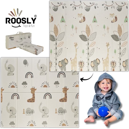 Roosly Speelmat Baby - Speelkleed Baby - Inclusief Opbergtas - babygym - Dubbelzijdig en opvouwbare Foam XPE 180 x 200 cm - speelgoed - Veilig & Zacht - model Safari van Roosly