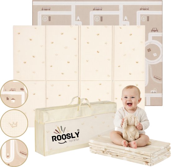 Roosly Speelmat Baby - Speelkleed Baby - Inclusief Opbergtas - babygym - kruipmat - playmat - Dubbelzijdig en opvouwbare Foam XPE 180 x 200 cm - speelgoed - Veilig & Zacht - model KING Beige