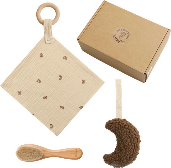 Rosey´s® - Baby giftset - Rainbow de Luxe - houten baby haarborstel - speenknuffel - speenhanger - knuffeldoekje - kraamcadeau - baby speelgoed 0 jaar - babyshower - kraamcadeautje - Geschenkset Baby - Geboorte Cadeau - Baby Geschenkset - baby cadeau